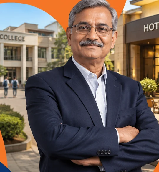 A business owner in front of a college and a hotel