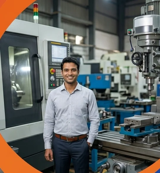 A business owner on his factory floor with machinery